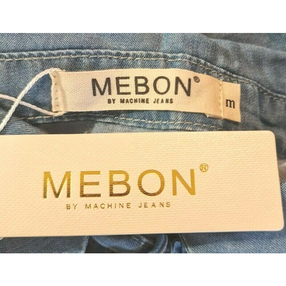 MEBON Blue Chambray Ruffle Top 3/4 Bell Sleeve Women Junior Size L Collared NCK - Picture 4 of 6